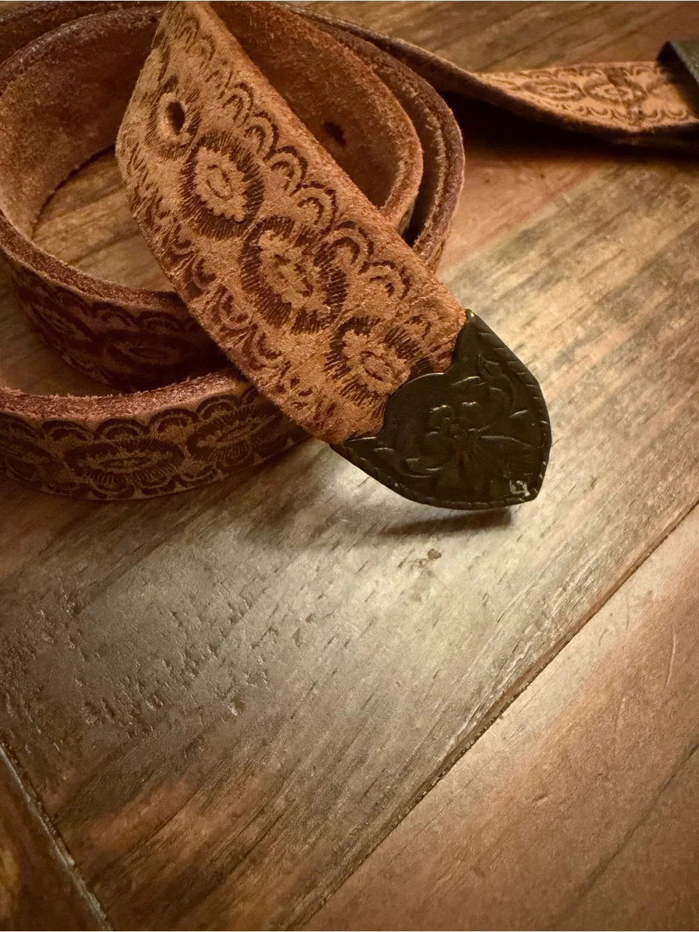 Vintage Jim Penney Embossed Brown Leather Kids Cowhide Western Belt - 26